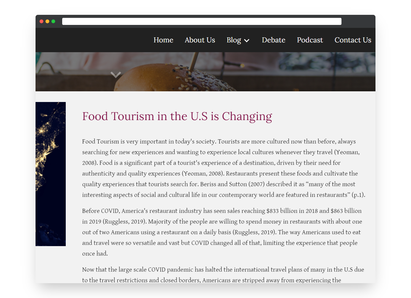 Webpage mockup of written content for Food Tourism Blog