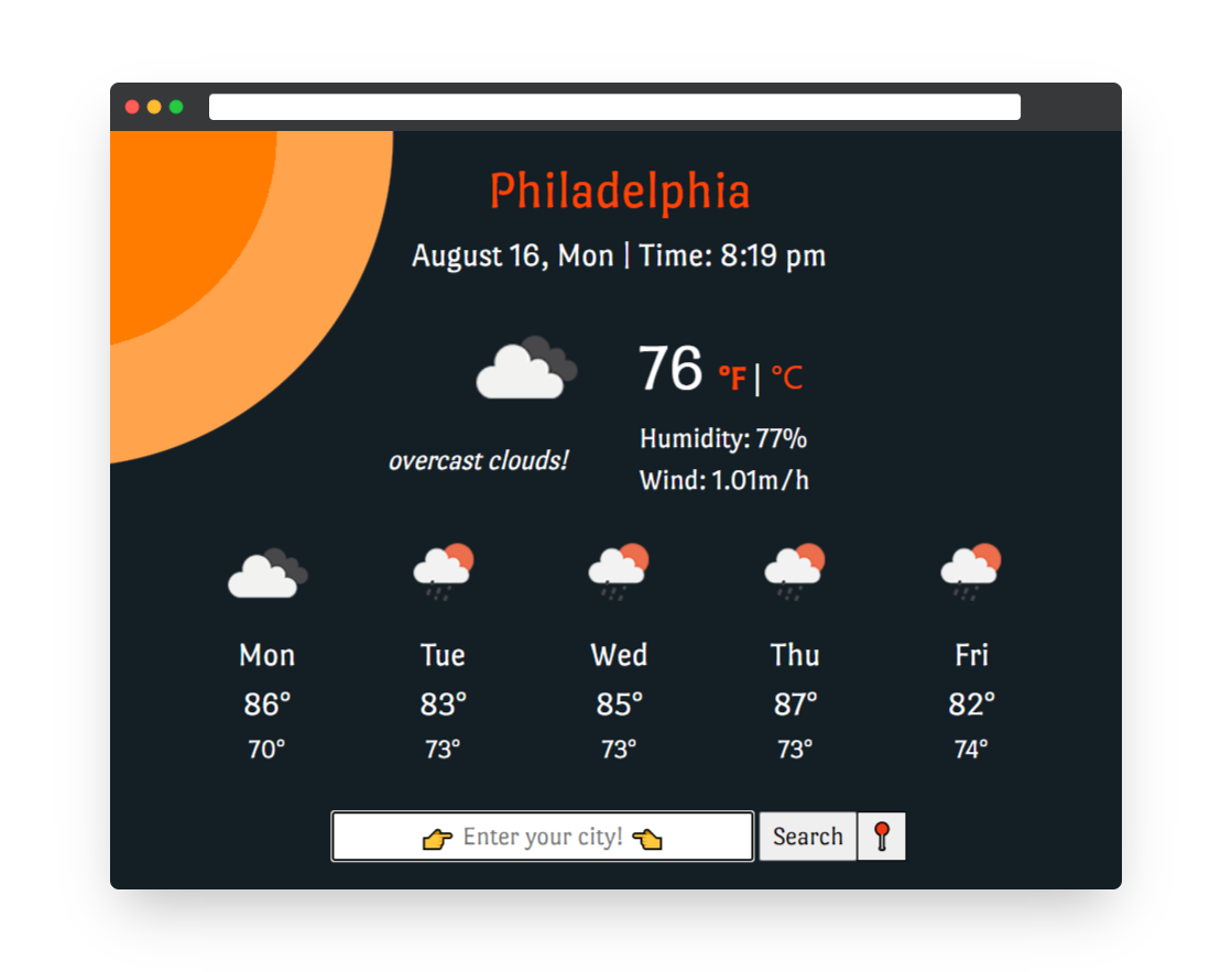 Webpage mockup of my weather app